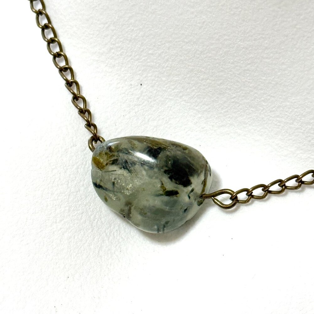 2/$20, Dark Green Prehnite Short Necklace, Genuine Tumbled Gemstone Bronze Chain